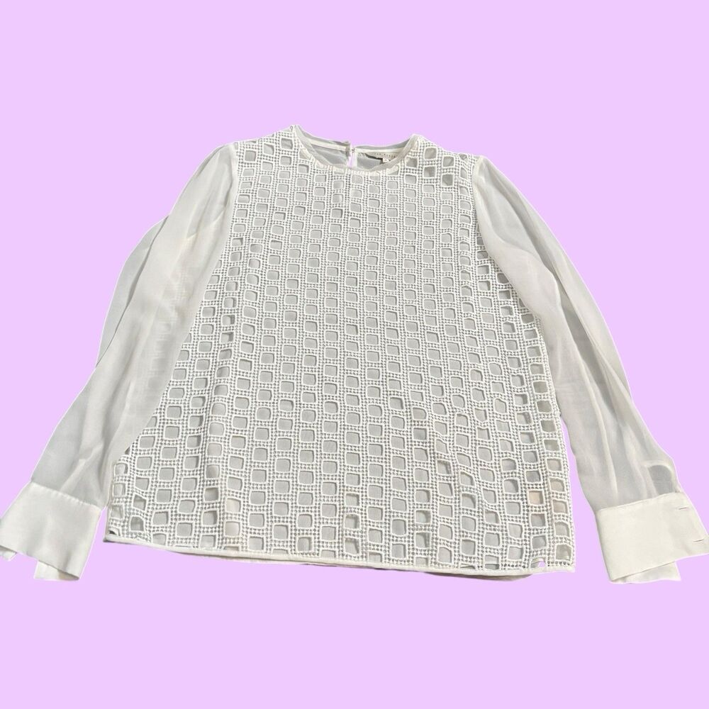 Ted Baker London Blouse Women's Size Large (3) White Geometric Eyelet Sheer